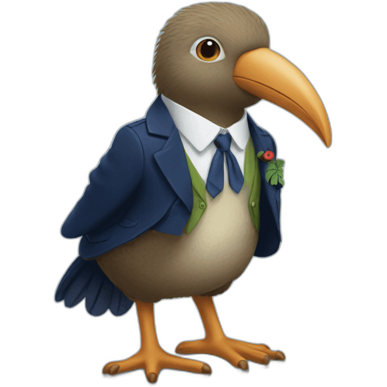 Kiwi bird wearing a school uniform, red vest and navy blue blazer emoji