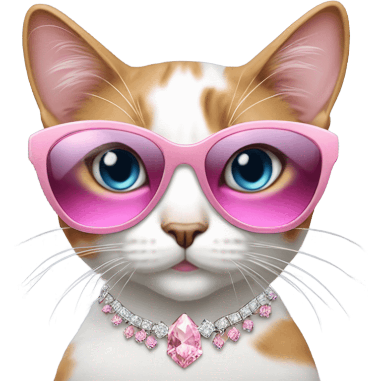 Calico cat with pink Diamond sunglasses, Diamond earrings, Diamond necklaces emoji