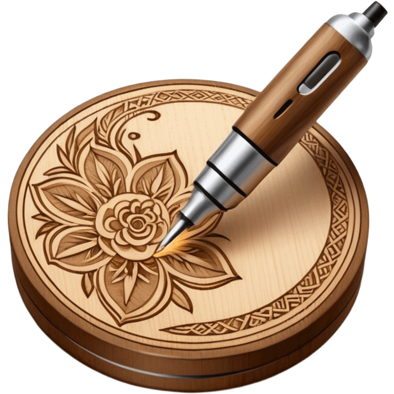 Pyrography icon, wooden surface with detailed burn marks, intricate patterns etched into wood using a soldering iron, no flames or smoke, minimalistic style, clean lines, transparent background. emoji