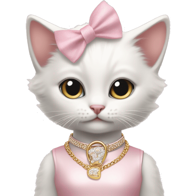 A cute white kitten wearing a pastel pink dress, a ribbon on its head, white Jordan shoes, Dior-branded gloves, a large gold necklace, and big silver earrings. emoji