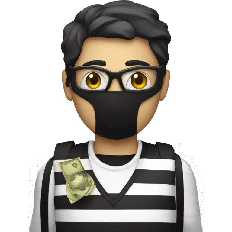 Black and white striped shirt with money bag over shoulder and black mask on emoji