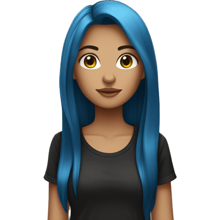 a girl with light tan skin, black T shirt  on,straight long blue hair, brown eyes, standing,very beautiful,very hot emoji