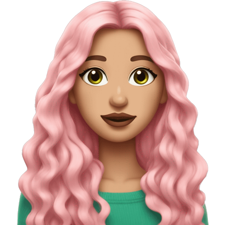 girl pink sweater pink lipstick green eyes blue earrings pink nails golden wavy long hair full body emoji