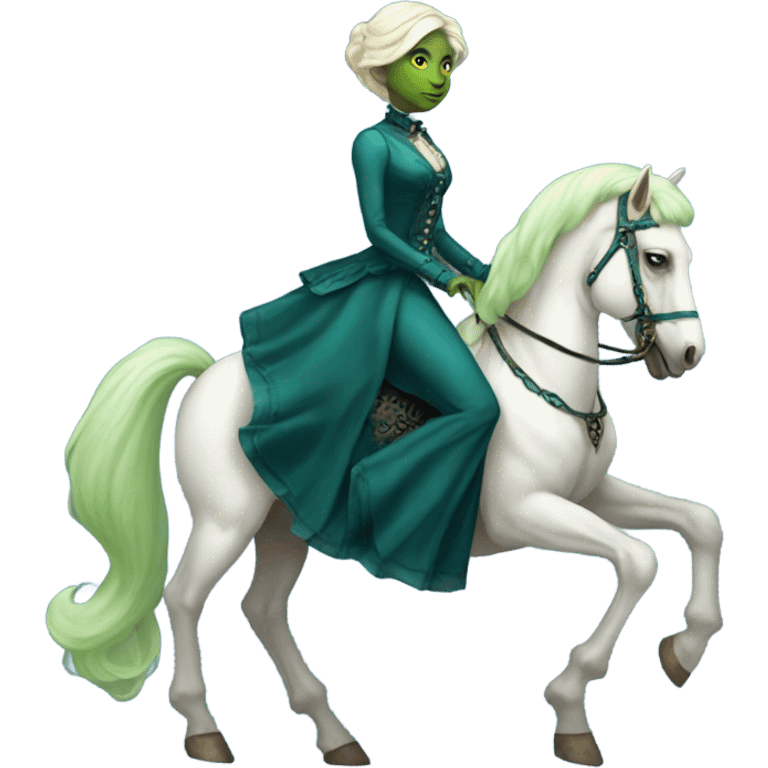 "galora green blonde alien woman" in blue Victorian dress elegant, full body, on white horse emoji