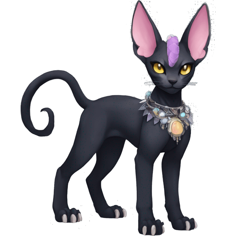 cool punk kawaii anime edgy distinguished pretty elegant beautiful fantasy black ethereal nargacuga-Noivern-sphynx-Quiana-Fakemon collar harness jewels full body emoji