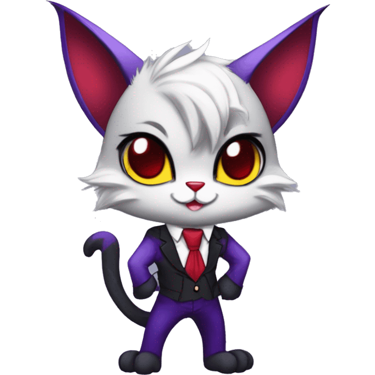 Anthro-Cute-Edgy-Vampiric-Batty-Cat-Black-Purple-Red-Grey-White-Yellow-Contrast-Colors-Fantasy-Fur-Sona-Chibi-Shiny-Fakémon-Hybrid with horns and big fangs neck tie leg spats full body emoji