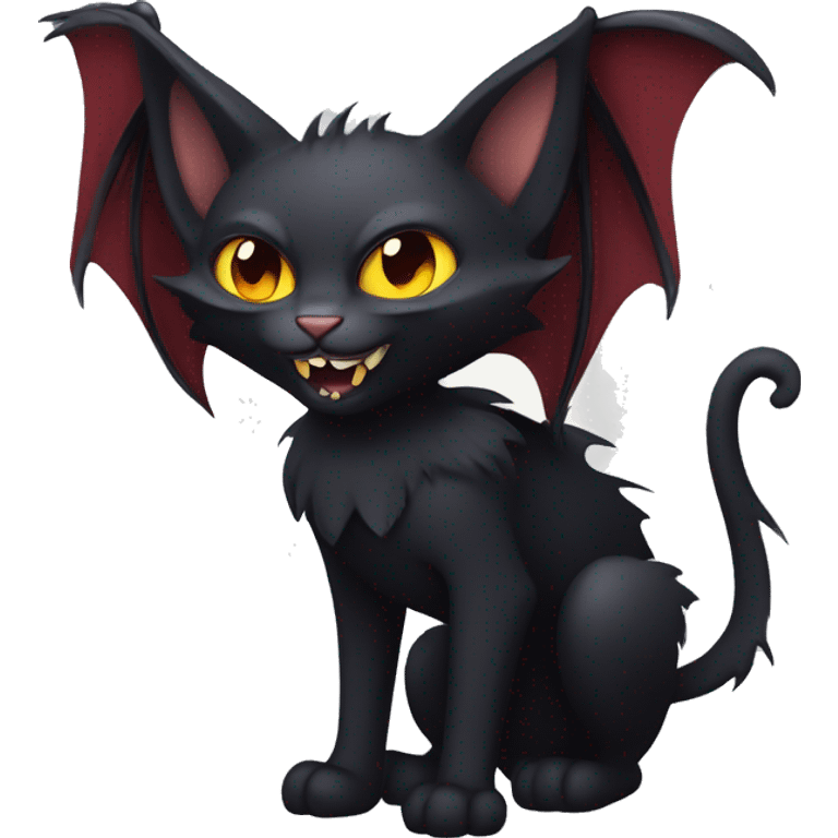 Black vampiric magical Cat-Fakémon with big fangs and bat wings on head and bat wings on back full body emoji