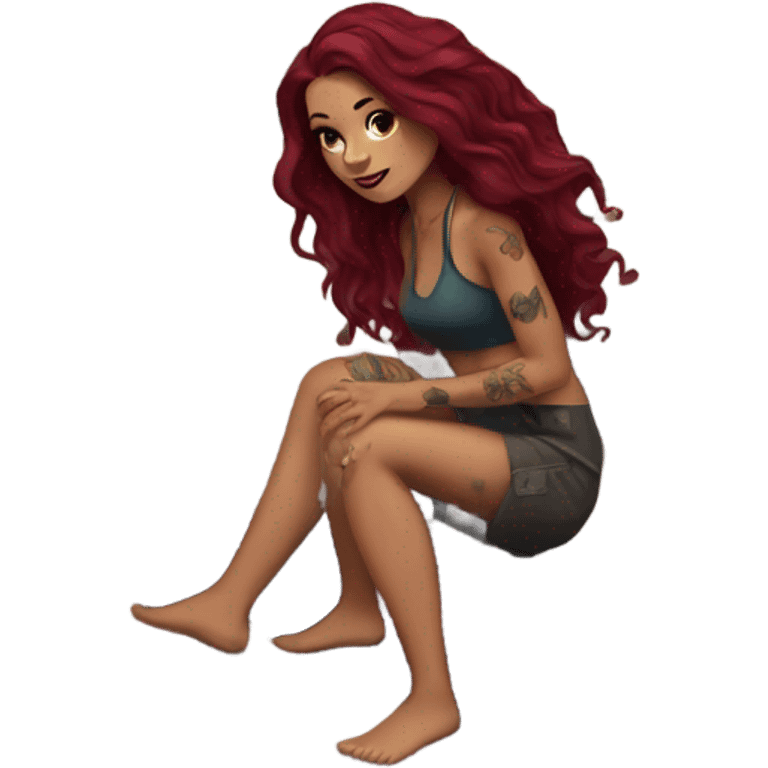 Beautiful tattooed woman long burgundy hair climbing rocks emoji