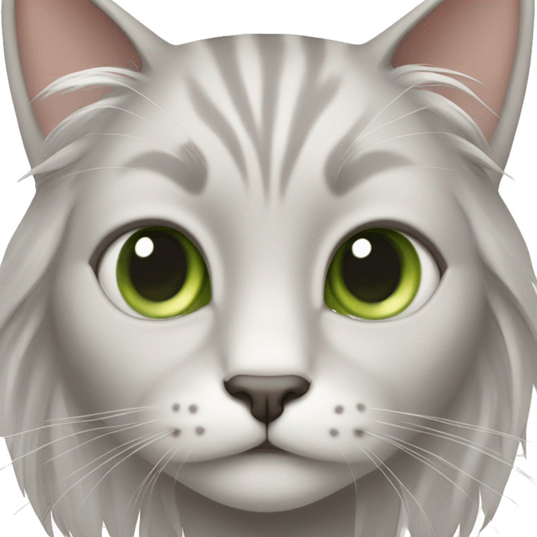 cat with long hair, white hair on snout and in between eyes, gray hair on ears and cheeks, light green eyes emoji