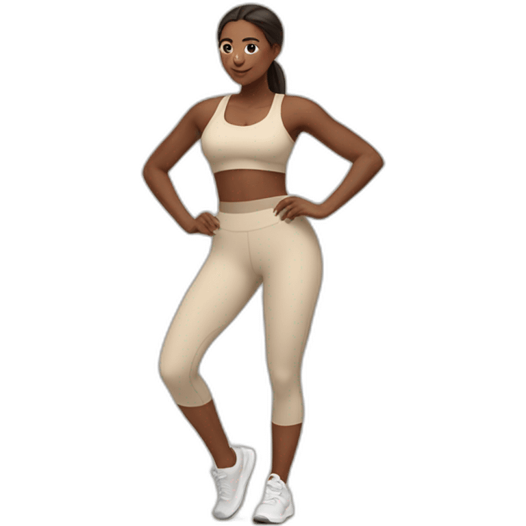 Woman in beige leggings and crop top doing cardio emoji