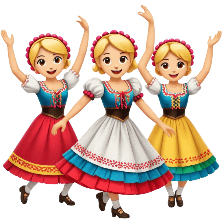 Cinematic Realistic Mazurka Dance Emoji, depicted as a lively traditional Polish folk dance scene with colorful costumes and spirited movement, rendered with dynamic textures and vibrant festive lighting that captures its rhythmic energy. emoji