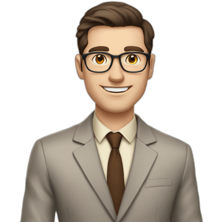 Pale skinned fit man with dark brown hair in gray jacket, beige office shirt, brown tie, brown pants and vintage glasses Writing on the flipchart emoji