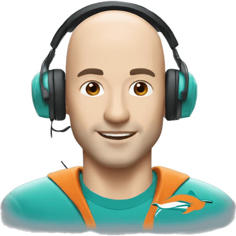 white bald and  man wearing a black cap and a headset with a miami dolphins t-shirts emoji