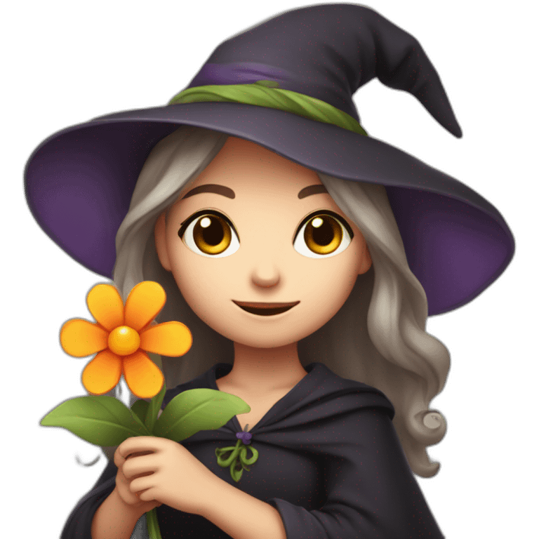 a cute little witch with a flower in her hand. emoji