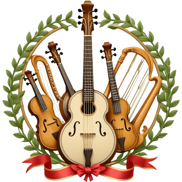 Design a complex and festive emblem-like emoji representing plucked string instruments, such as a banjo, mandolin, domra, sitar, and similar instruments. The composition should resemble a heraldic crest, with the instruments arranged symmetrically and gracefully, their necks intertwining with a flowing ribbon of musical notes. The ribbon should weave through the strings and headstocks, symbolizing the harmonious connection between the instruments. Use detailed engraving on the instrument bodies and fretboards to emphasize their craftsmanship. Incorporate rich, celebratory colors like gold, mahogany brown, deep green, and vibrant accents. Add subtle shading and light reflections to create a three-dimensional, polished look. Include ornate elements like swirls, laurel leaves, and decorative flourishes to enhance the festive and professional appearance. The background should be transparent to highlight the emblem as a standalone piece. emoji