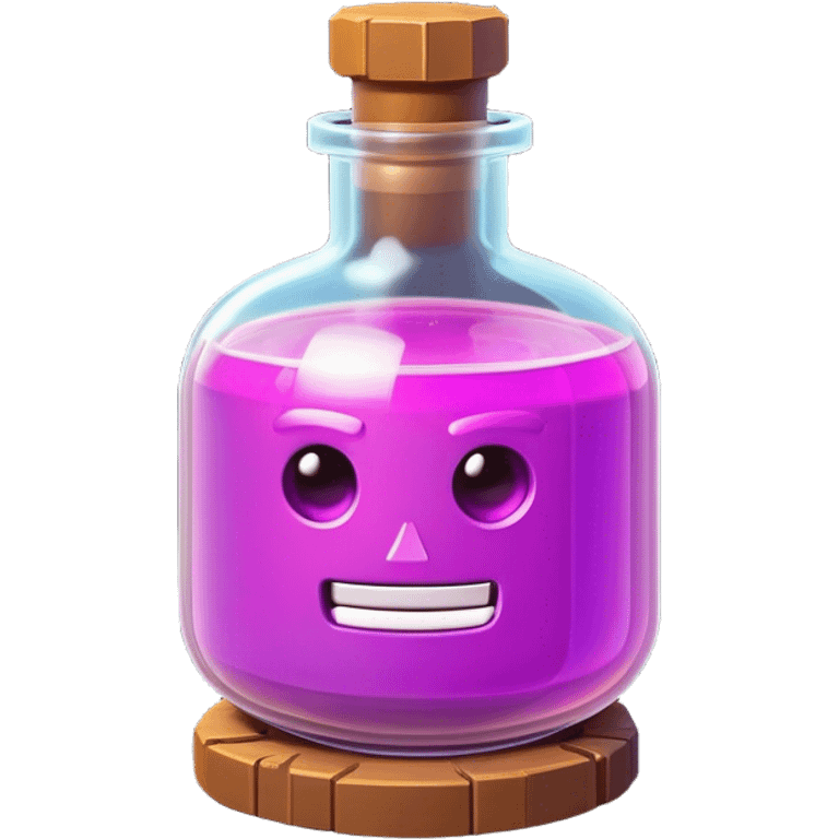 Clash of Clans aesthetic: Cinematic Playful Pixel 3D Magic Potion Portrait Emoji, rendered in a 3D vector-style similar to standard emojis with minimal shading and bold, simplified shapes. A compact, distinct form with signature details, softly glowing with a pixelated adventure charm. Simplified yet unmistakably iconic, highly detailed and consistent, glowing with a soft radiance and high shine. Stylized with a touch of classic pixel-art charm and a soft glowing outline, capturing the essence of a beloved gaming relic with a friendly, playful manner! emoji