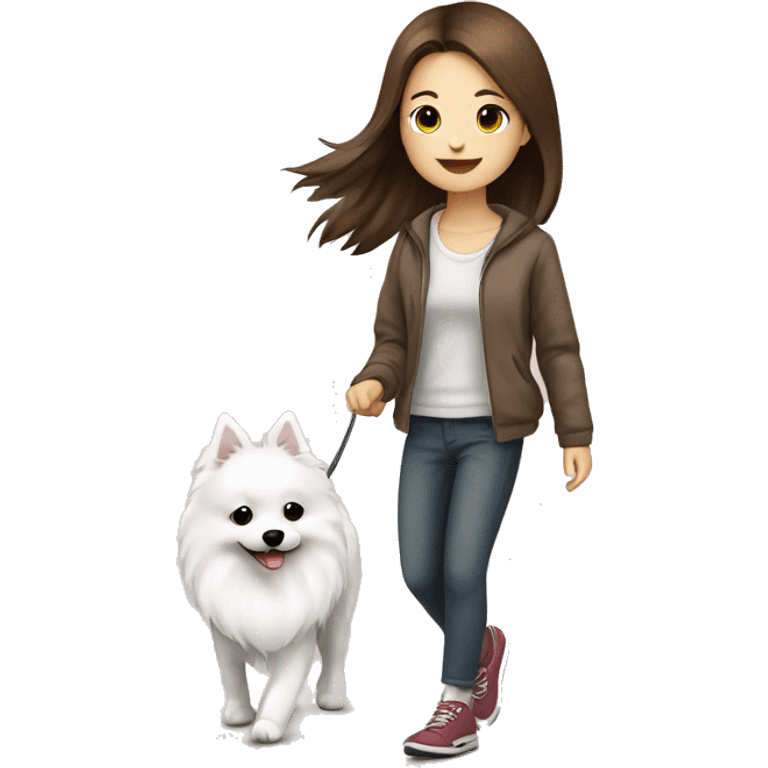 Japanese spitz dog walk with brown hair girl emoji