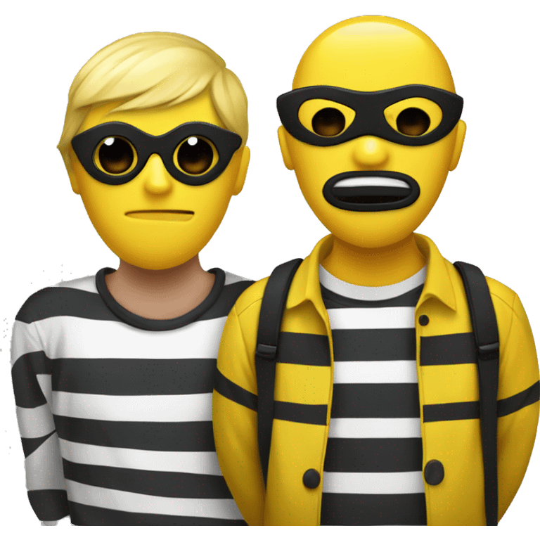 Yellow guy with a binne on and a black and white striped shirt and a blck mask emoji