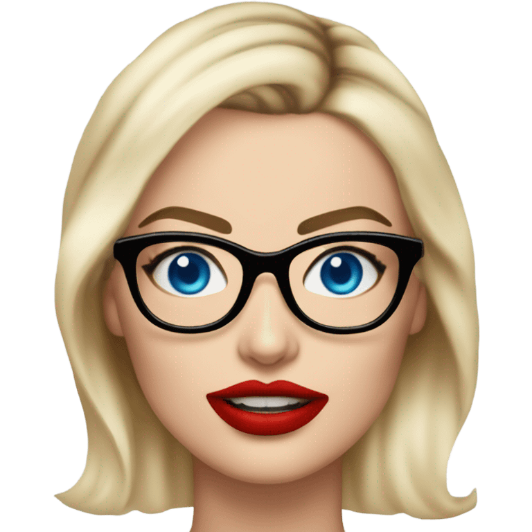 Margot Robbie, bright blue eyes, red kisses, wearing black glasses  emoji