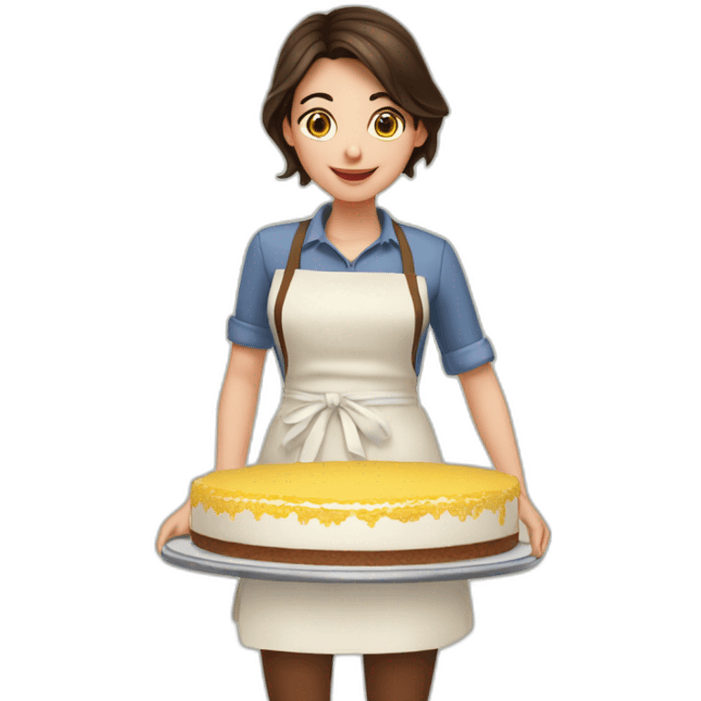 Brunette girl in apron makes layered cake emoji