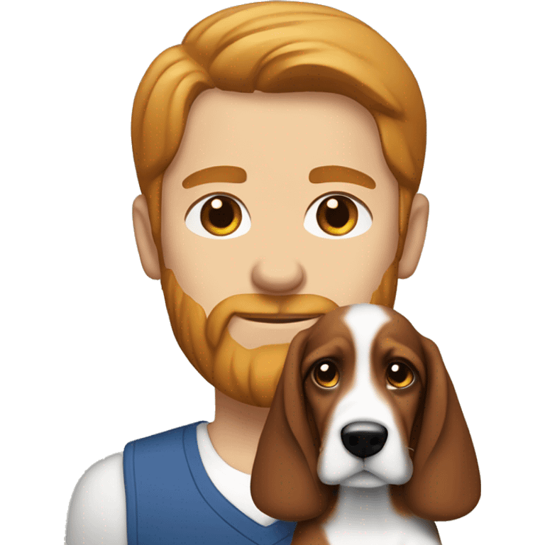 White male with brown hair and slightly red beard with Bassett hound female puppy  emoji