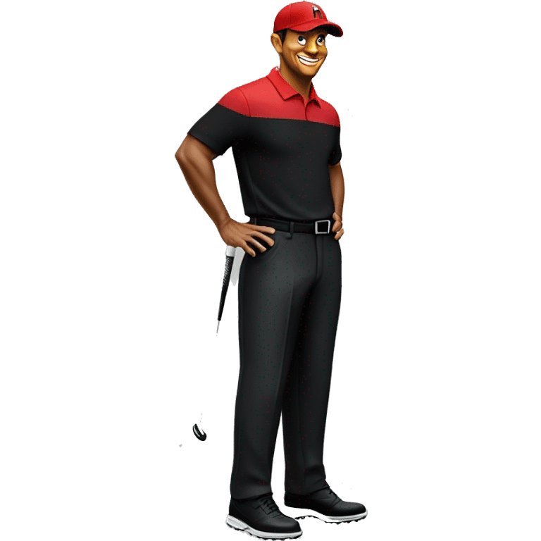 Tiger Woods, wearing a red shirt, black hat, black pants while putting  emoji