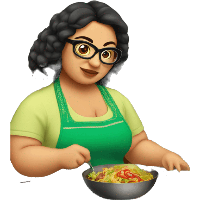 mexican chubby lady green apron  with glasses cooking tacos emoji