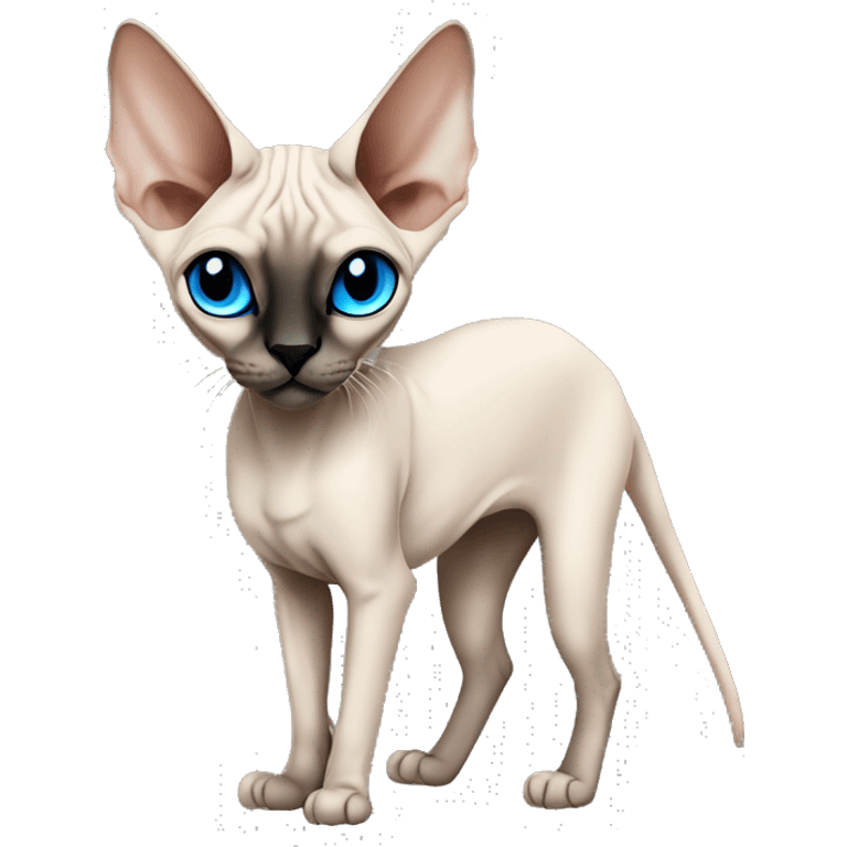 Siamese Sphynx  cat with blue eyes, full thin body stand, black nose ears and tail emoji