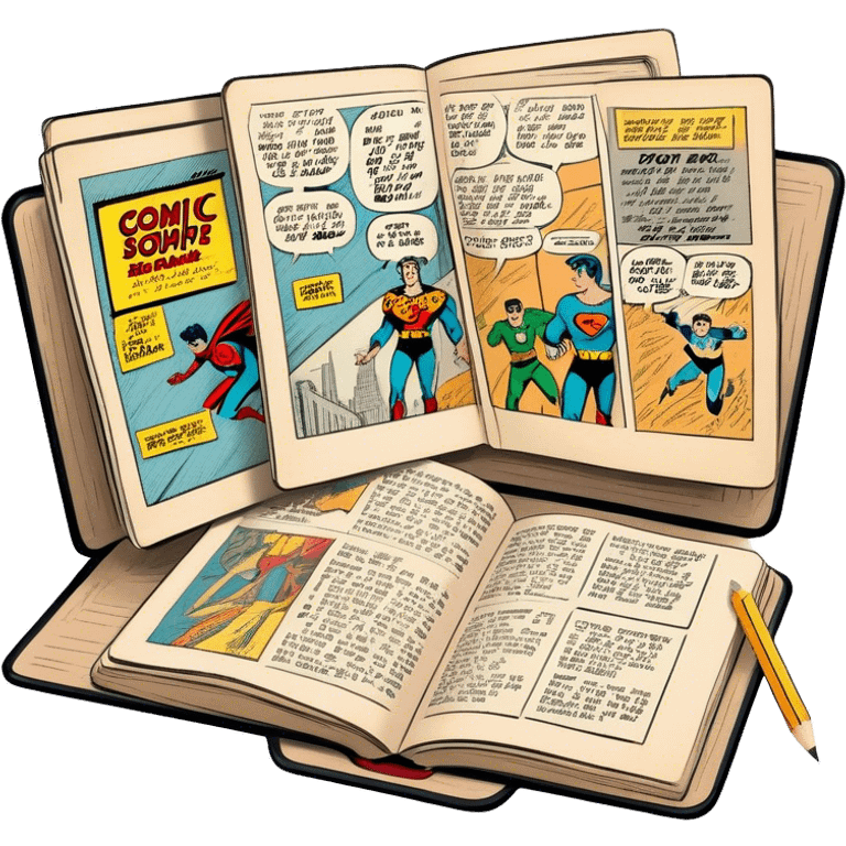 Create a detailed emoji representing the process of writing texts for comic books. The design should feature a large, open comic book with vintage comic strips visible on its pages. A pencil should be shown writing text on one of the comic panels, but without a hand. The pencil should appear as though it is actively creating the dialogue or narration. Use a classic color palette with muted tones for the comic book and brighter accents on the pencil to draw attention to the writing process. Do not include any emojis or smiley faces. Make the background transparent. emoji