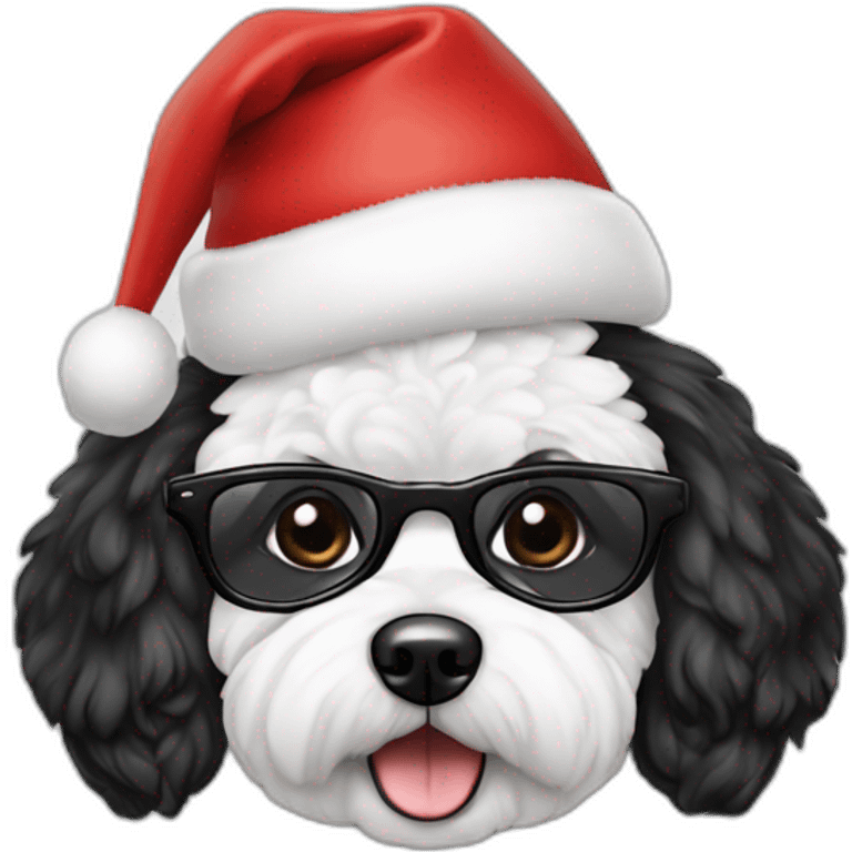 bichon dog-sitting-christmas hat-with woman-black hair-glasses emoji