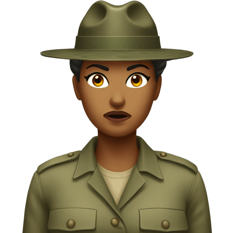 a female drill sergeant showing full torso wearing a classic sergeant hat and a camouflage army shirt. The character should have an angry intense expression.  emoji