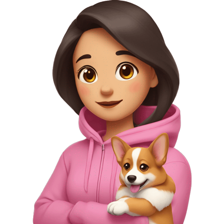 A girl with dark hair, in a pink hoodie hugs a corgi puppy, who winks with pleasure, and there are hearts around emoji