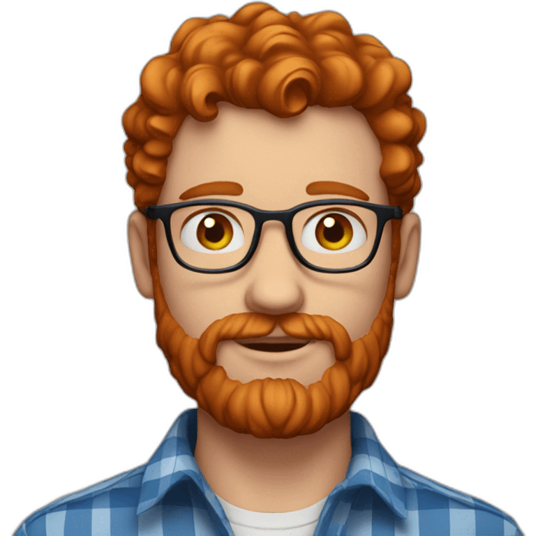 man. around 25. redhead. blue eyes. short mid curly hair. with beard and glasses. scarlet checked shirt emoji