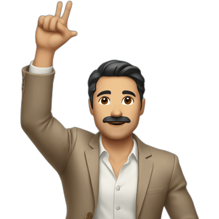 Man with light brown suit, dark hair and small mustache. He holds his arm up in the air emoji