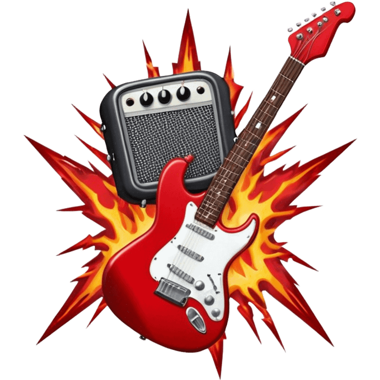 Create a fierce and edgy emoji representing hardcore rock vocal performance in a humanless collage. The design should feature a vintage microphone at the center, Add crossed drumsticks behind the microphone to symbolize the rhythm and power of the drums. surrounded by a menacing, distorted electric guitar with sharp, aggressive angles. Include subtle elements like lightning bolts, flames, or jagged sound waves to evoke the raw energy and intensity of hardcore rock. Use dark, intense colors like black, red, and silver, with a metallic, gritty finish to convey the rebellious, aggressive spirit of the genre. The background should be transparent. emoji