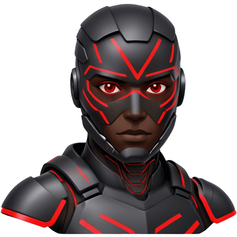 A cyber-warrior with a half-metallic face, neon red lines tracing his black armored skin emoji