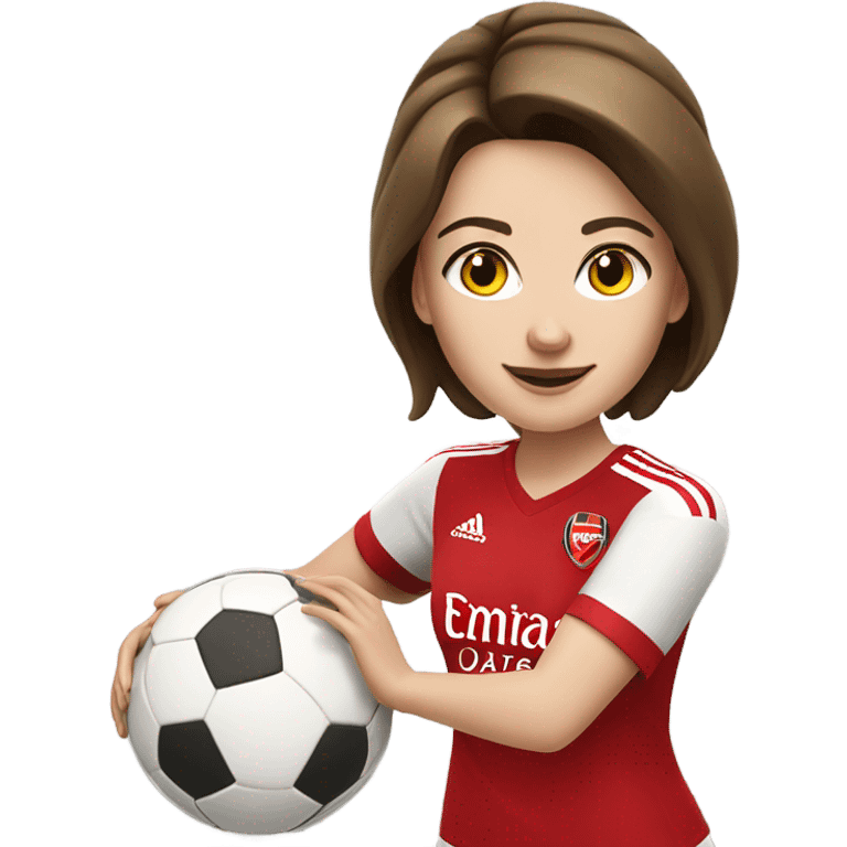 Pretty white woman in Arsenal jersey with short brown hair kicking a soccer ball emoji