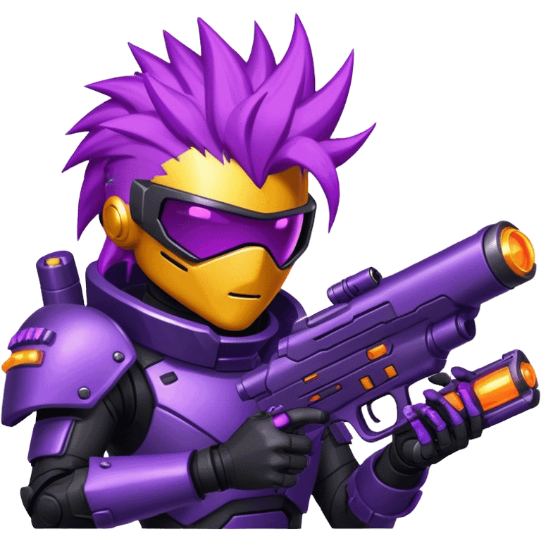 A space bounty hunter with spiky purple hair, black armored suit, and a glowing plasma gun. emoji