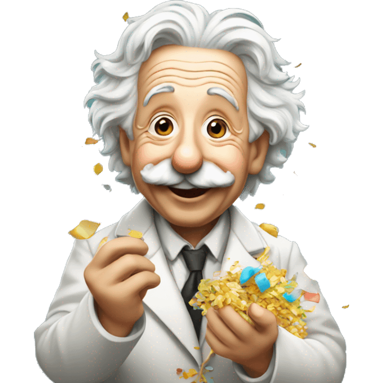 happy albert einstein holding confetti in one hand emoji