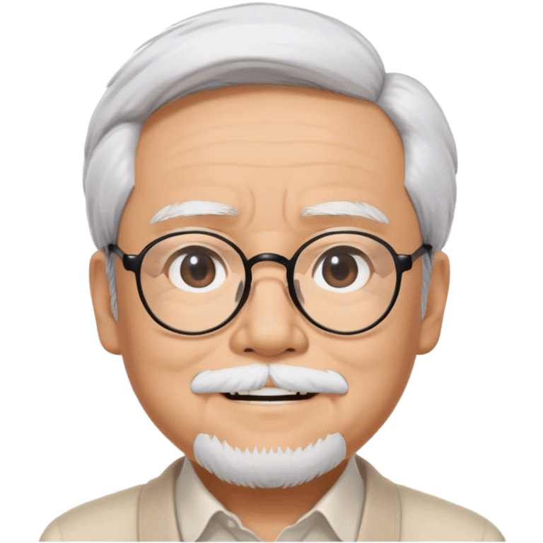 ​Cinematic Realistic Portrait of Hayao Miyazaki, depicted with defined black eyebrows, and large rectangular glasses, his happy expression rendered in lifelike detail, illuminated with soft, realistic lighting that emphasizes his creative genius, emoji