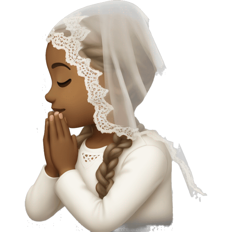 Light skin girl praying with eyes closed and lace white veil with brown boy emoji