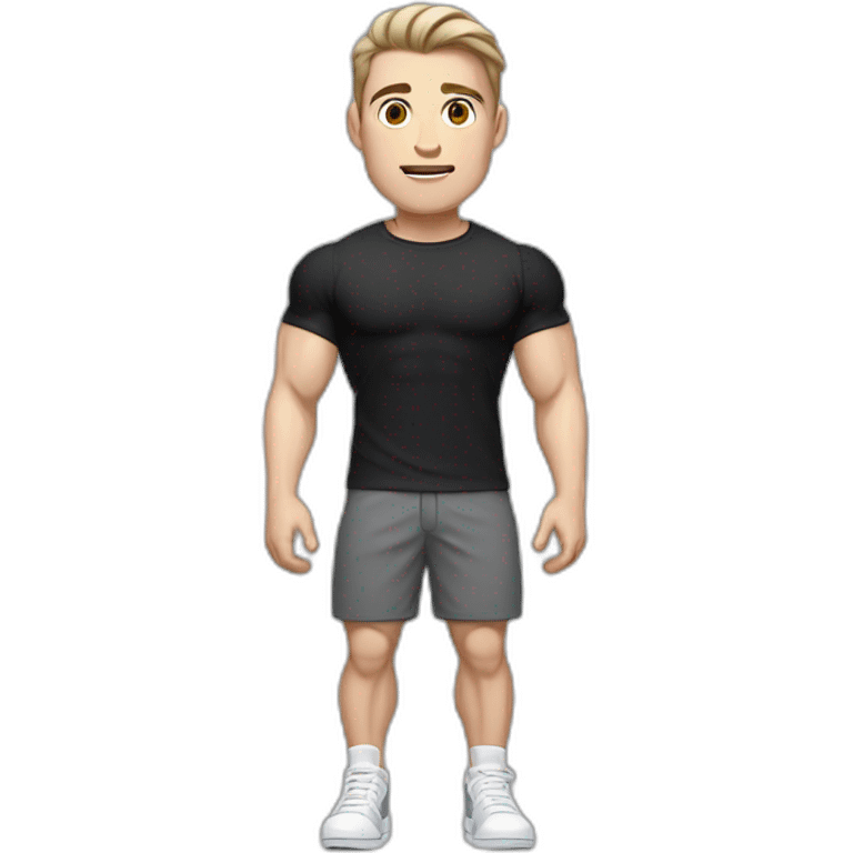 Pale skinned Fit Man With the biceps and dark brown hair in black shirt, gray sports shorts and white Sneakers emoji