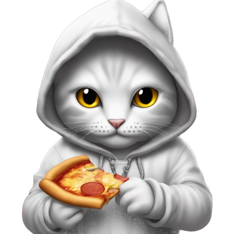 A hooded cat is holding btc in his hand , sweeter and Night-themes, Behind it is written pizza and JR crypto emoji