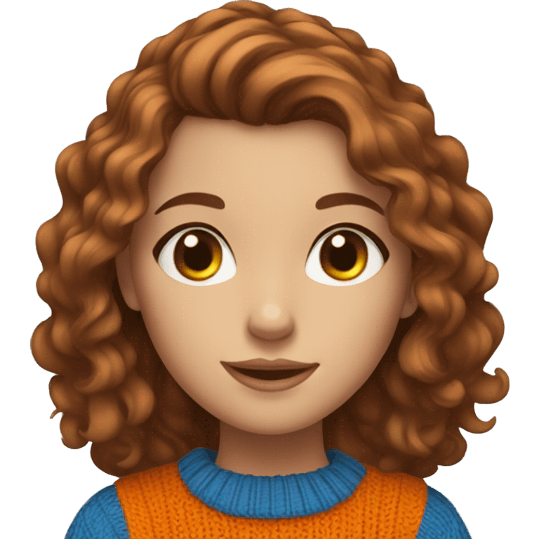 Beautiful girl with brown wavy hair, blue eyes, wearing orange sweater emoji