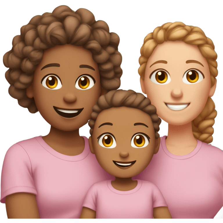 Mixed race mum with curly dark brown hair in a messy bun, with ginger beard bald dad and 2 toddler girls with light brown hair in two plaits wearing pink T-shirts  emoji