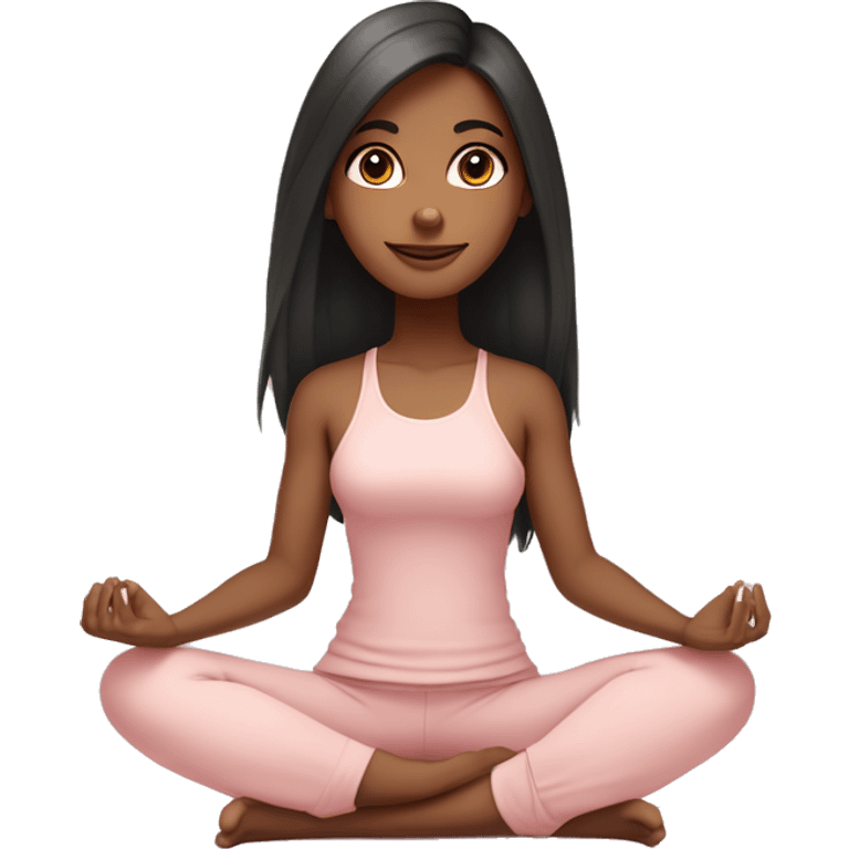 black long hair and brown eyes with long eyelashes tan skin yoga girl in light pink clothes sitting on a yoga mat  emoji