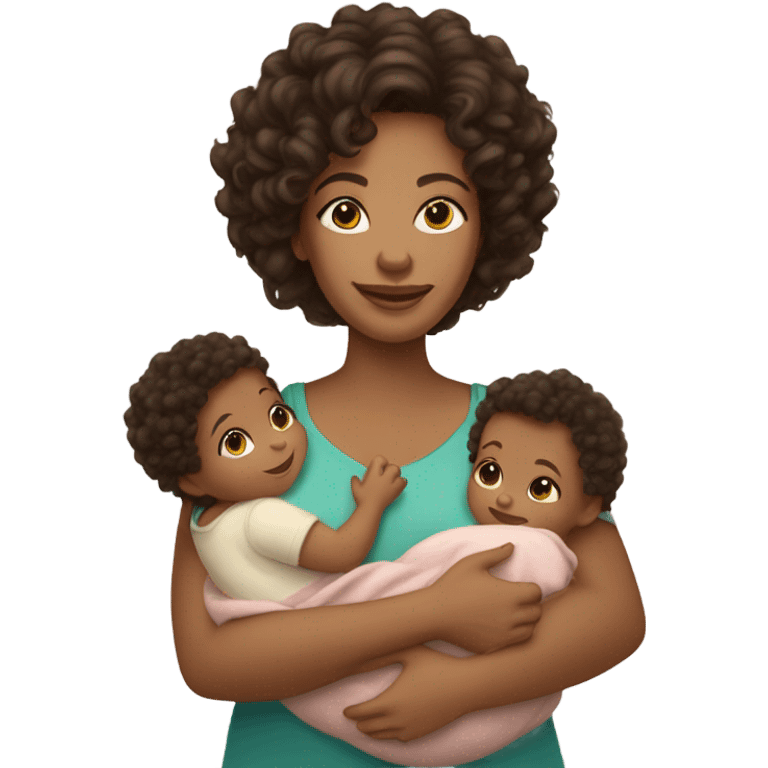 mom with light tan skin, shoulder length dark brown curly hair carrying 2 babies  emoji