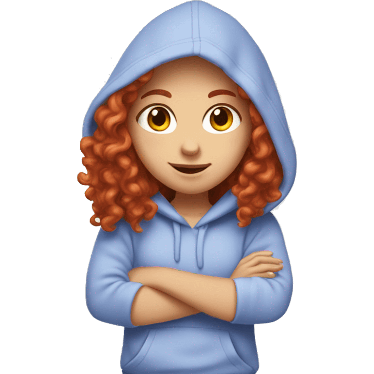 a white girl with long red curly hair, wearing a pastel periwinkle hoodie doing a pose emoji