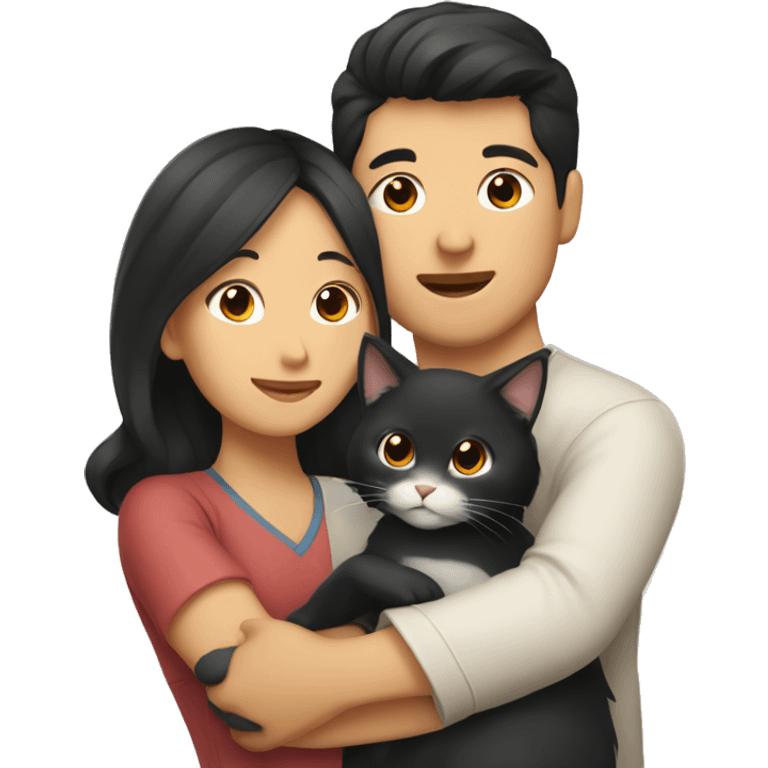 Asian Woman with black wavy hair hugging asian man holding a cat emoji