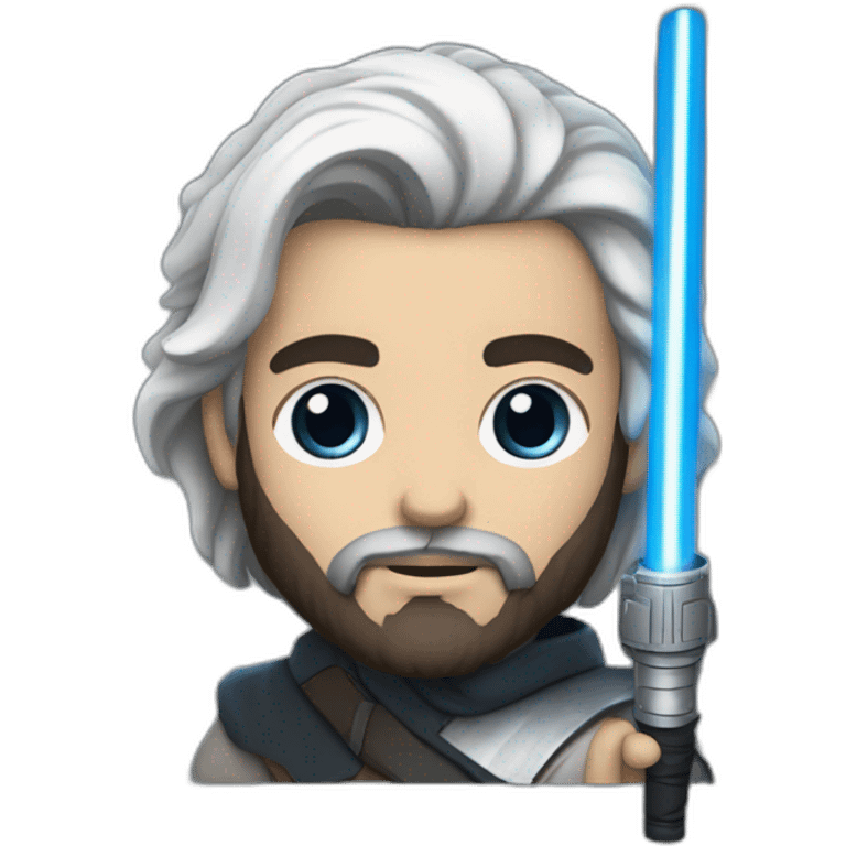 A white Portuguese with black and medium-length hair and a beard that holds a blue lightsaber emoji